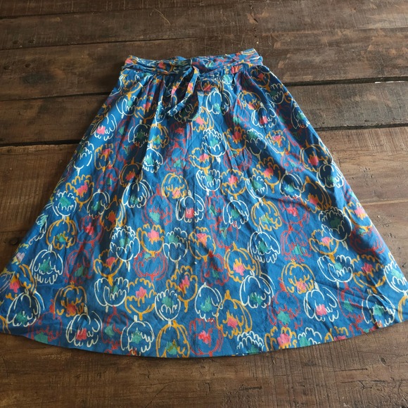 Dresses & Skirts - Vintage 1970s Blue Abstract Floral Wrap Skirt A-Line Boho Cotton Midi Skirt
